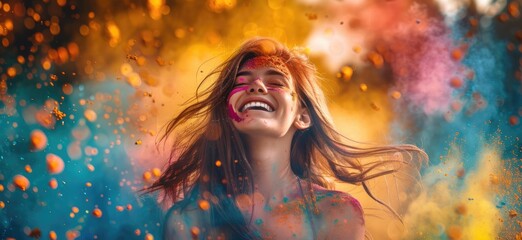 A photograph of a Indian young woman dancing joyfully at the Holi festival in India, her face and clothes covered in vivid colors