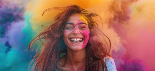 A photograph of a Indian young woman dancing joyfully at the Holi festival in India, her face and clothes covered in vivid colors