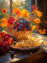 A vibrant still life featuring a jar of berries and oats, surrounded by colorful flowers and autumn leaves, illuminated by soft sunlight.