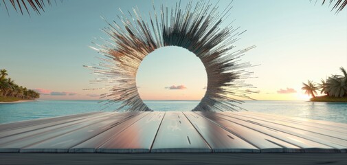 A vibrant sunset scene featuring a circular sculpture over water, framed by palm trees and a wooden dock, creating a serene and artistic atmosphere.
