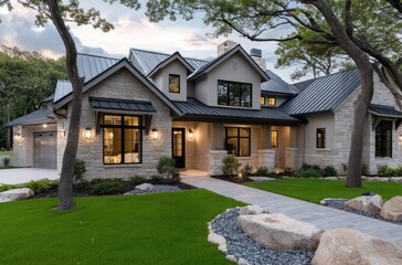 A picturesque view of the front porch and entrance to an elegant single-story Texas ranch home with large windows and stone accents