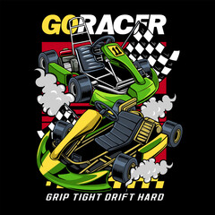 Two Go-Kart sport racing with checkered flag cartoon illustration for poster, t-shirt print, business element, social media content, blog, sticker, vlog, and card