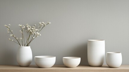 A minimalist arrangement of white pottery vases with delicate flowers, set against a soft gray wall and natural wooden surface.