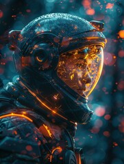 A futuristic astronaut helmet with glowing elements, set against a vibrant, cosmic background, evoking themes of space exploration and technology.