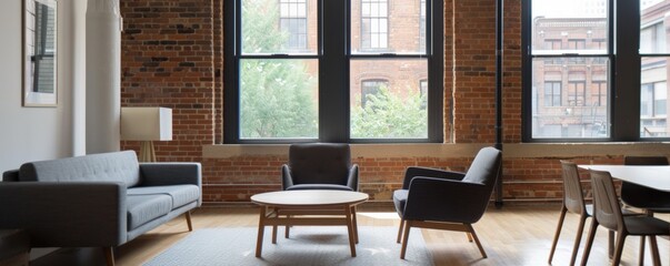 A stylish, modern living room featuring brick walls, large windows, and contemporary furniture, creating a warm and inviting atmosphere.