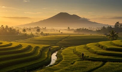 Morning sunlight over lush rice terraces with farmers working, misty mountain in background, tropical rural landscape.