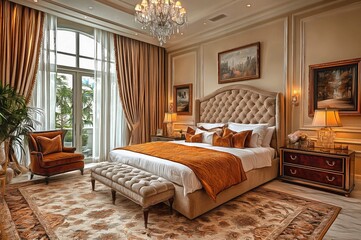 Design a classic bedroom using marble accents crystal decor and velvet upholstery reflecting a luxurious and enduring aesthetic interior