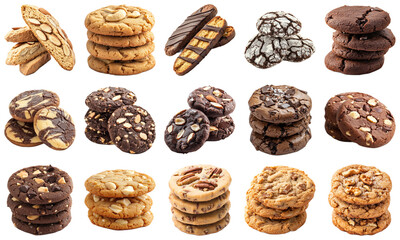 Assortment of Delicious Biscuits and Cookies Varieties on White Background, Perfect for Treats or Snacks Ideas, Indulge with Rich Flavors and Textures. Piquant food set.