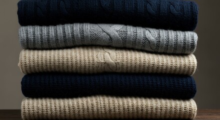 Stack of Cozy Knitwear: A Collection of Soft, Warm, and Textured Sweaters in Neutral and Deep Tones