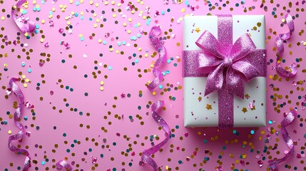 Fototapeta premium Pink backdrop with a white gift and confetti