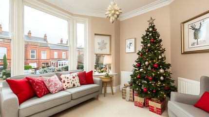 Cozy Christmas Living Room with Decorated Tree