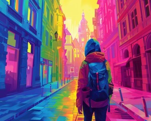 A vibrant, artistic depiction of a person walking through a colorful city street, surrounded by lively buildings and bright hues.