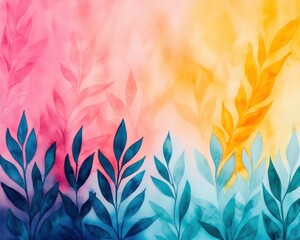 A vibrant watercolor illustration featuring leaves in shades of blue, turquoise, pink, and yellow against a soft gradient background.