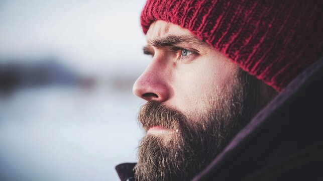 A profile of a thoughtful man with a beard wearing a red beanie, set against a serene winter backdrop. His expression captures a moment of deep contemplation.