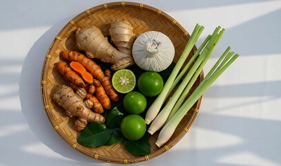 Top view of fresh turmeric, ginger, lemongrass, and lime on bamboo tray with sunlight and shadow, highlighting traditional Asian herbs and natural ingredients.