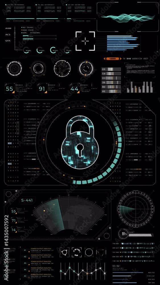 Fototapete motion graphic of blue digital security key with hud ui and circuit panel futuristic abstract backgr