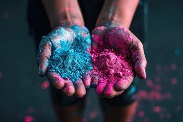 Joyful holi festival close-up of colorful hands holding pink and yellow powders, capturing the vibrancy, tradition, and cultural importance of indias iconic celebration of happiness and unity