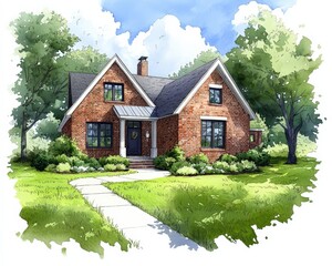 A charming illustrated brick house surrounded by lush greenery, with a pathway leading to the entrance under a bright, partly cloudy sky.
