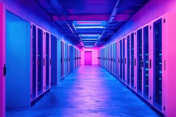 A brightly lit corridor filled with server racks, illuminated in vibrant pink and blue hues, creating a futuristic tech environment.