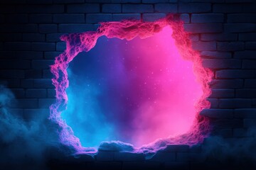 A vibrant, glowing hole in a brick wall reveals a colorful cosmic scene filled with stars and ethereal fog.