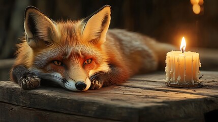 Obraz premium A fox lying on a soft pillow inside a wooden cabin, minimal cozy