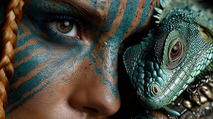 Close-up of woman with blue face stripes and iguana in artistic scene