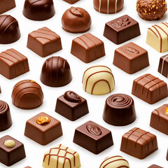 Seamless pattern of assorted chocolate candies isolated on white background