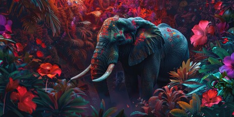 Colorful elephant adorned with flowers during vibrant festival celebration, surrounded by joyful people and colorful powders. scene captures essence of cultural festivities