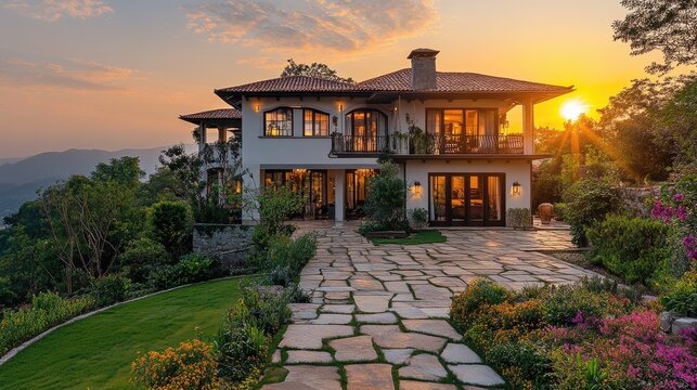 Luxury villa estate at sunset hillside property architecture