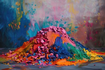 Holi background. Abstract colorful gulal powder and dust rainbow pigment particles explosion. Festive Indian happy holidays greeting card, invitation or banner backdrop. Hindu festival of colours 8k