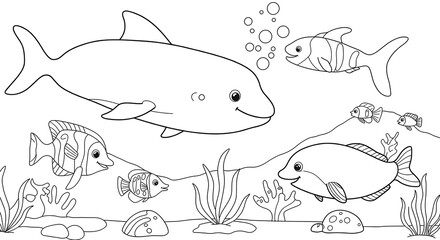 Fototapeta premium sea underwater animals for kids outlined colouring page cute with white background