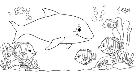 Fototapeta premium sea underwater animals for kids outlined colouring page cute with white background