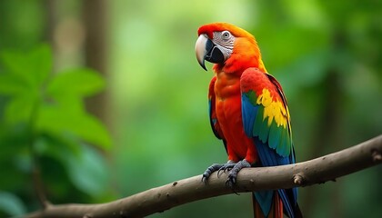 Obraz premium Macaw sitting on a tree in the jungle, wild parrot in the forest created with generative ai
