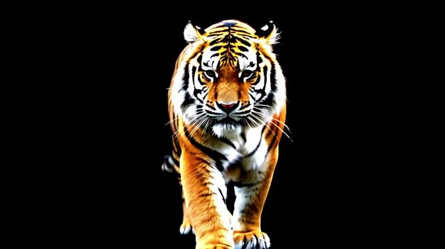Powerful Tiger Striding Against a Black Background