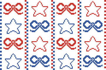 Beautiful stars,stripes and ribbons pixel seamless pattern.Abstract geometric background.USA Independent day,4th July celebration.Holiday festival decoration.Design for Christmas,birthday,texture deco