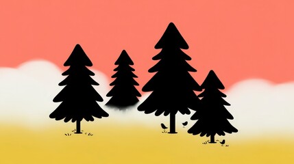 Obraz premium Serene Sunrise Misty Pine Forest Silhouette Illustration