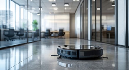 Modern Robotic Vacuum in a Bright Office Corridor