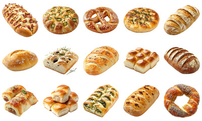 Assortment of Freshly Baked Bread Varieties Displayed on White Background, Including Rolls, Buns, Pretzels, and Artisan Loaves, Ideal for Bakery Promotion. Piquant food set.