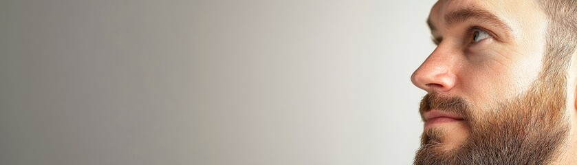 Fototapeta premium A close-up of a man with a beard looking thoughtfully to the side, showcasing a neutral background and emphasizing facial features and expression.