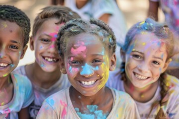 Colorful Holi celebration with joyful children covered in vibrant powders
