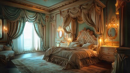 Design a rococo style bedroom featuring a canopy bed ornate frames and soft lighting blending romance and extravagance interior