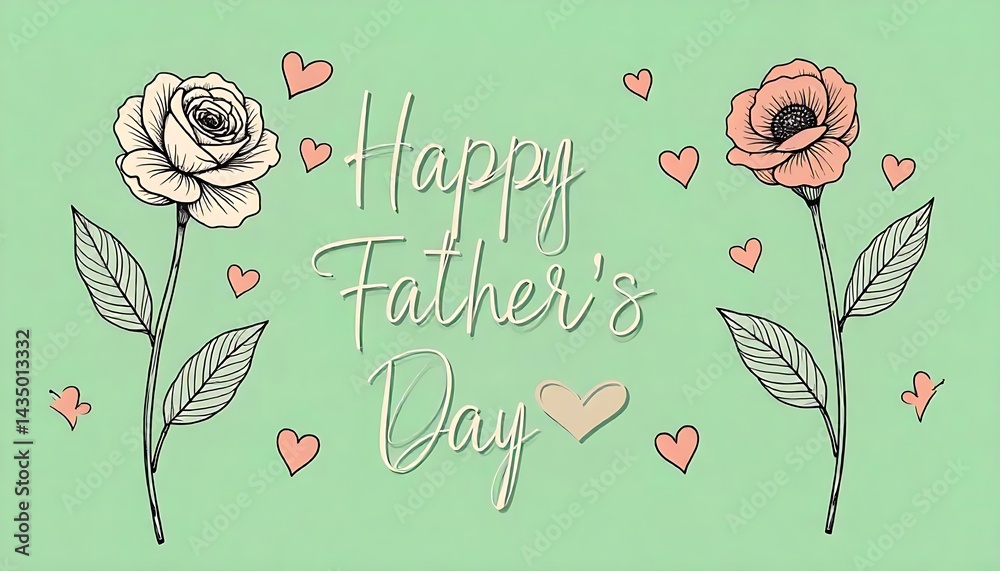Fototapete happy father's day vector greeting cards with beautiful flowers and hearts. rose single line drawing