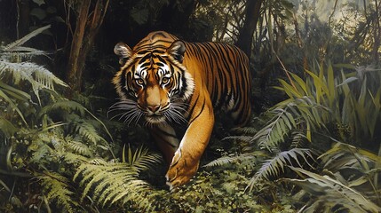 Majestic Tiger Stalking Through Lush Jungle