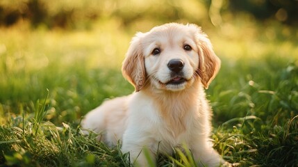 Golden retriever puppy resting in grass