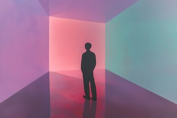 Solitary figure in a pastel-hued space.