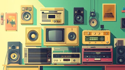 Obraz premium Aesthetic old electronics setup featuring cassette decks retro picture