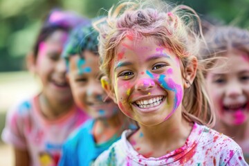 Colorful Holi celebration with joyful children covered in vibrant powders