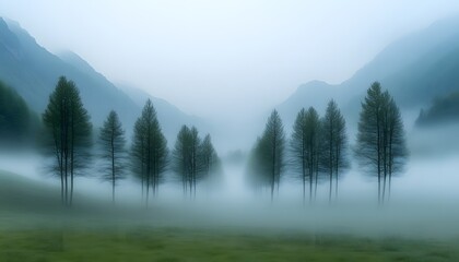 Fototapeta premium Serene misty mountain landscape with tall trees.