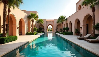 getaway destination of luxury resort hotel or palace garden landscaping design with arcade arcs and pool water feature for Arabia classic exotic tourism architecture design created with generative ai.