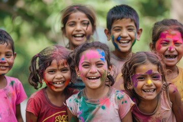 Colorful Holi celebration with joyful children covered in vibrant powders